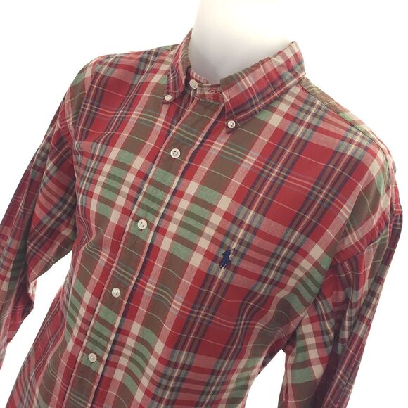 Polo Ralph Lauren PONY Mens L Shirt L/S Button Up Red Green Plaid Cotton Blue Lg - Picture 3 of 9